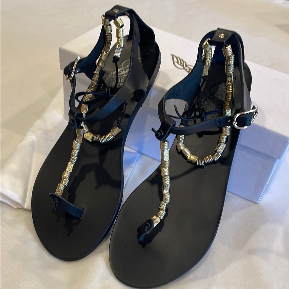 Ancient Greek Black and Gold T-Strap Sandals